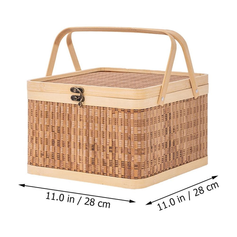 Wicker Picnic Basket with Lid and Handle 28cm Natural Woven Woodchip Easter Candy Egg Storage Rattan Fruit Carrying Holder for Wedding Wine