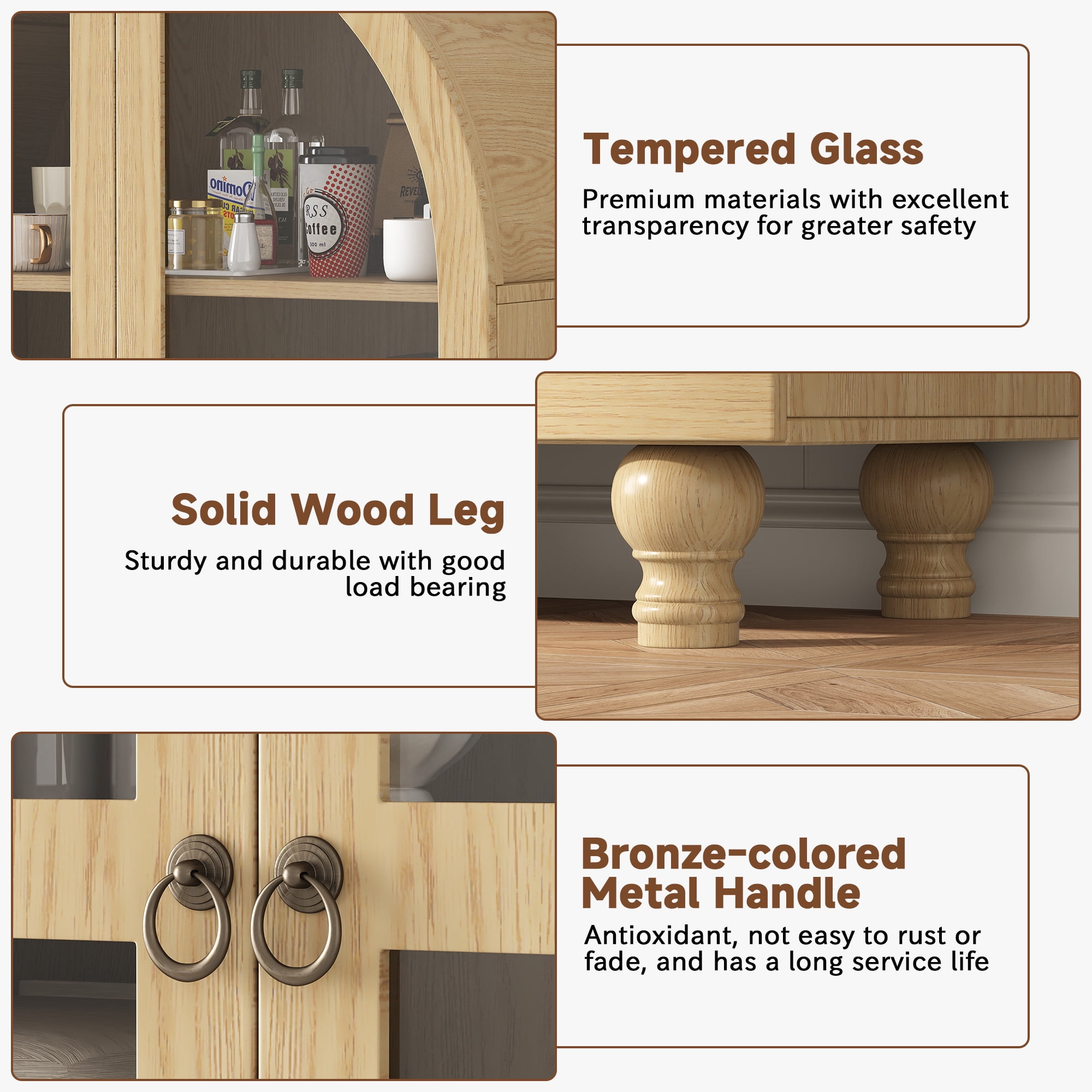 NEGYLIM 71'' Arched Kitchen Pantry Cabinet & Display Cabinet with Glass Doors, 4 Shelves, 2 Drawers, Solid Wood Legs, Suitable for Kitchen, Bedroom and Living Room, Easy Storage
