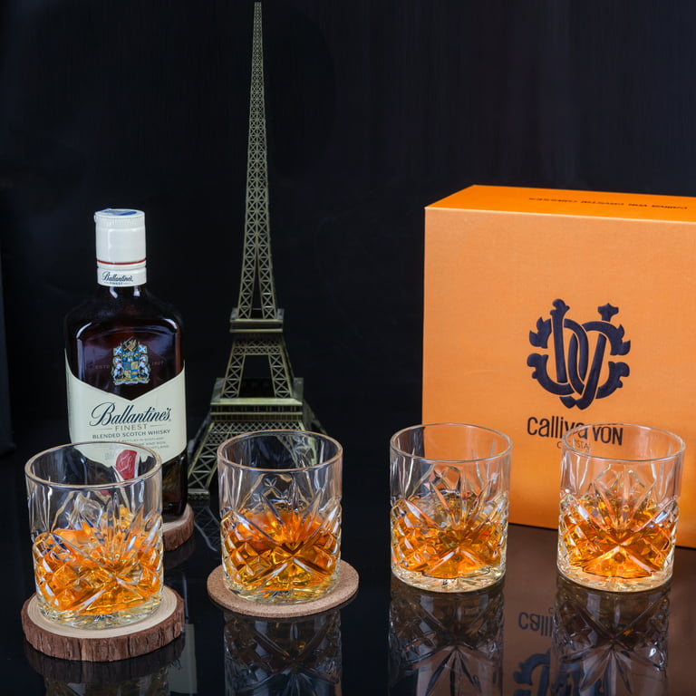Twist Whiskey Glasses - Set of 4 - by Vaci + 4 Drink Coasters, Ultra