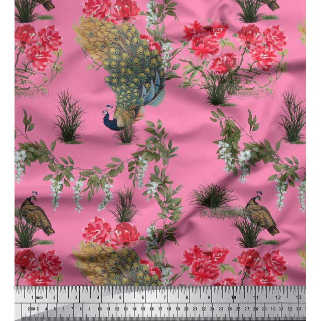 Soimoi Poly Georgette Fabric Leaves,Floral & Peacock Bird Decor Fabric Printed Yard 52 Inch Wide