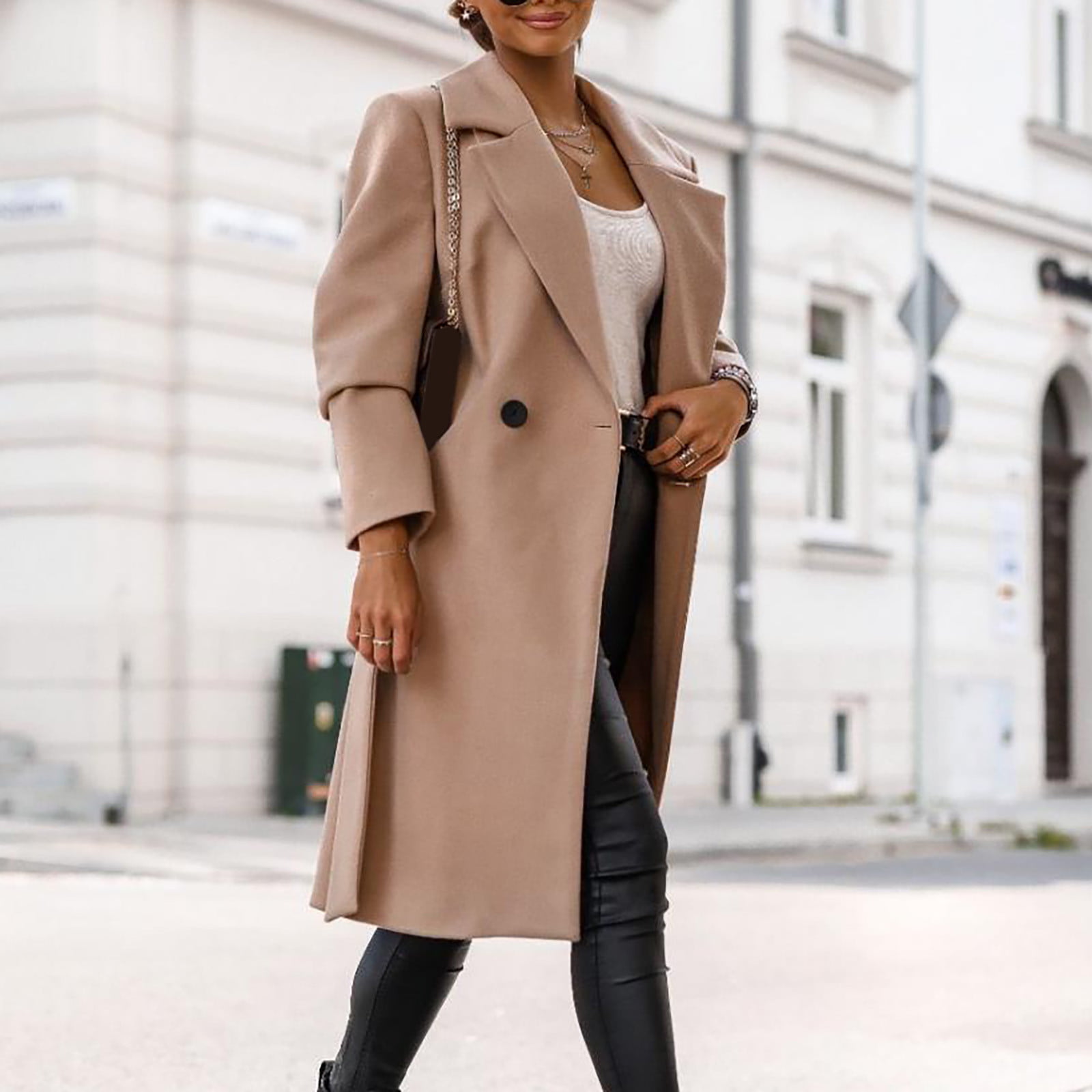 ISALUX Button Reversible Trench Coat Women's Solid Color Pocket Loose Long  Sleeve Woolen Coat Coat (Color : Apricot, Size : Medium)