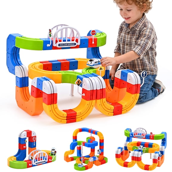 RaceGT Electric Train Set for Kids, 100Pcs Build 3D DIY Track Building Blocks Kits with Train and Traffic Signs, Racing Track Sets, STEM Car Toy Set for Boys Girls, 3 4 5 6 7 8 Years Old Toys Gifts