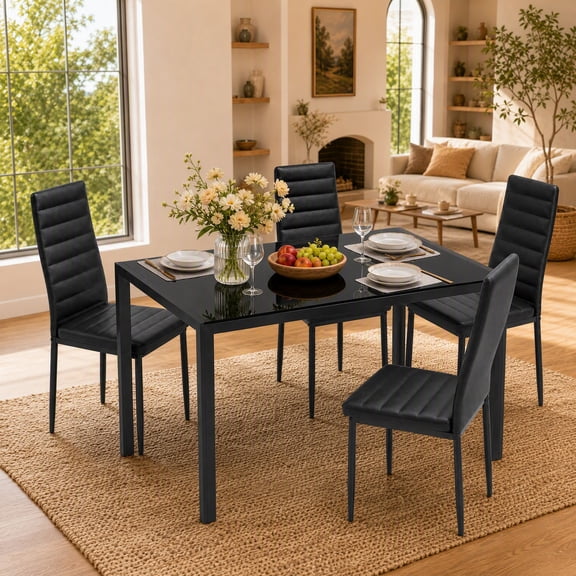 Dining Table Set for 4, Gizoon Black 5 Piece Tempered Glass Kitchen Table and Chairs Set with High Back PU Leather Chiars for Small Spaces and Dining Room