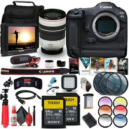 Canon EOS R3 Mirrorless Camera (4895C002) + Canon RF 70-200mm f/2.8L IS USM Lens (3792C002) + 4K Monitor + Rode VideoMic + 2 x Sony 64GB TOUGH SD Card + Color Filter Kit + Filter Kit + More