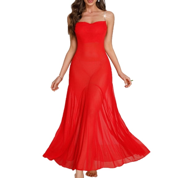 Bovxnpu Long Nightgowns for Women Sleeveless Sleepshirt Mesh Dress with Metal Chain Straps Cowl Neck Long Length Sleepwear