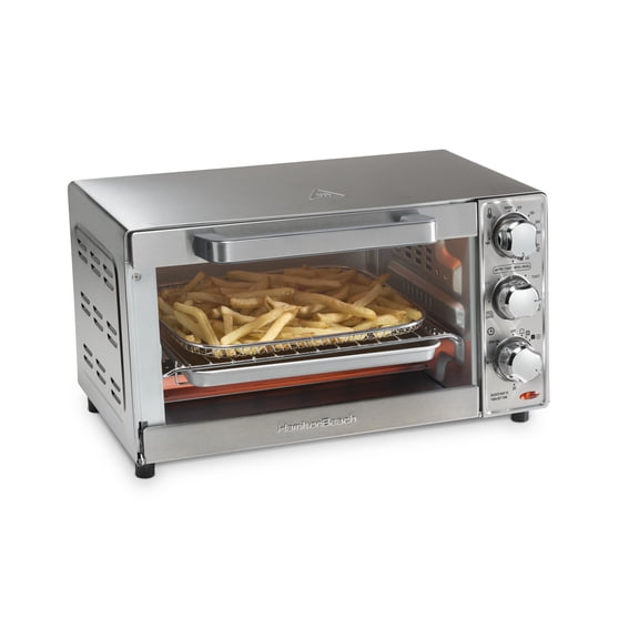 Hamilton Beach 4 Slice Sure-Crisp Air Fry Oven, 6 Cooking Options, Stainless Steel Exterior, Chrome Knobs