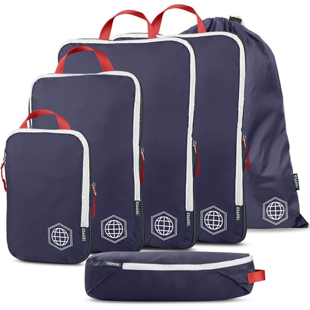 Extra Large Compression Packing Cube 6 Piece Set for Travel and Check Luggage by TRIPPED Travel Gear (Navy)