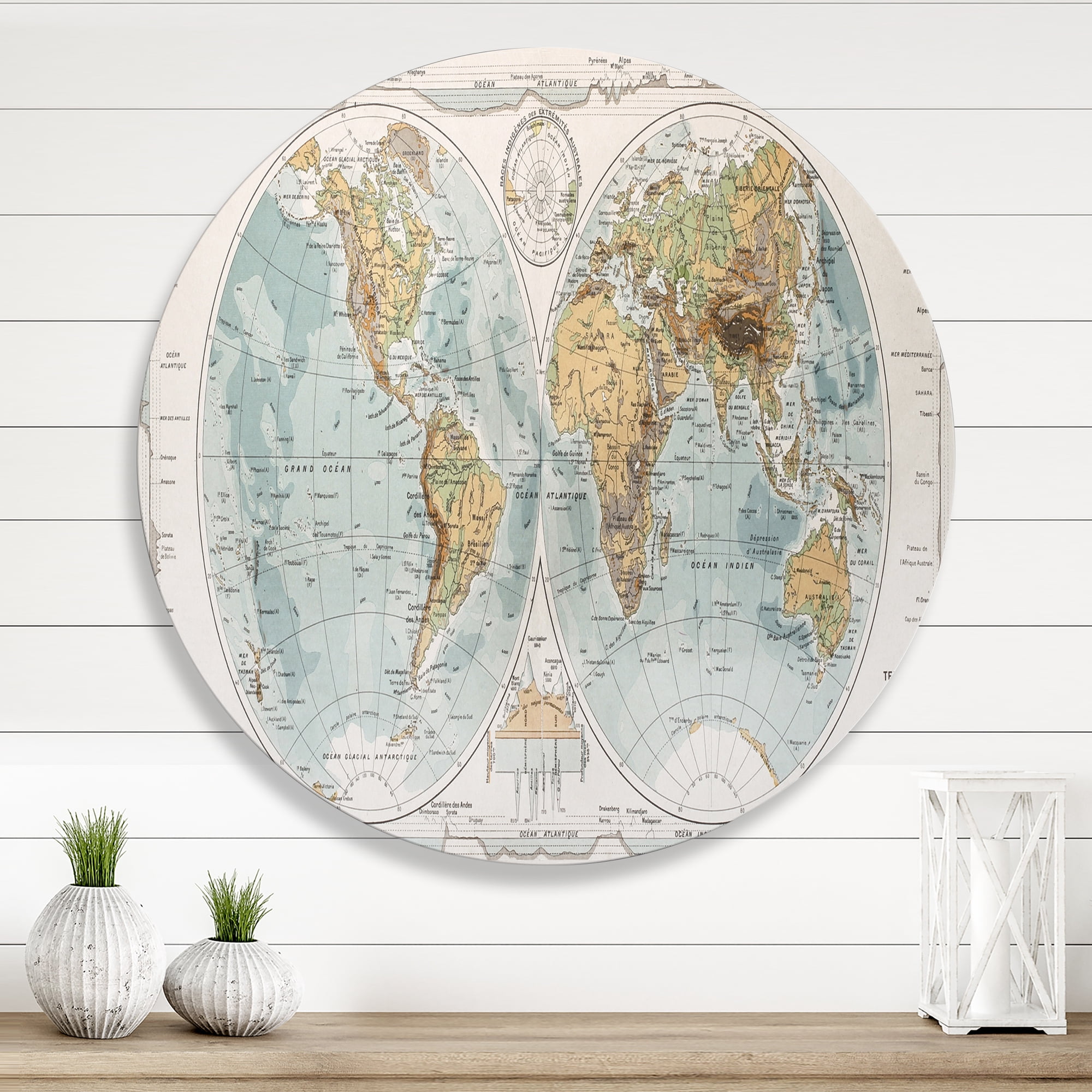 Designart 'Ancient World Map II' Rustic Circle Metal Wall Art 23x23 - Disc of 23