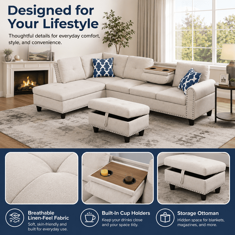 98" L-Shaped Sectional Sofa with Storage Ottoman, 4-Seat Linen Upholstered Modular Couch with Left Chaise, Drop-Down Backrest with Cup Holders, Nailhead Trim, 3-Piece Sofa Set for Living Room, Office