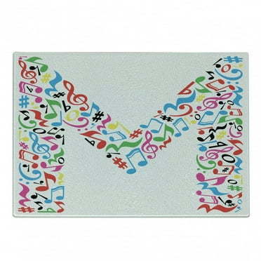 Letter M Cutting Board, Major and Minor Notes and Other Musical Elements in Uppercase M Design Alphabet, Decorative Tempered Glass Cutting and Serving Board, Small Size, Multicolor, by Ambesonne