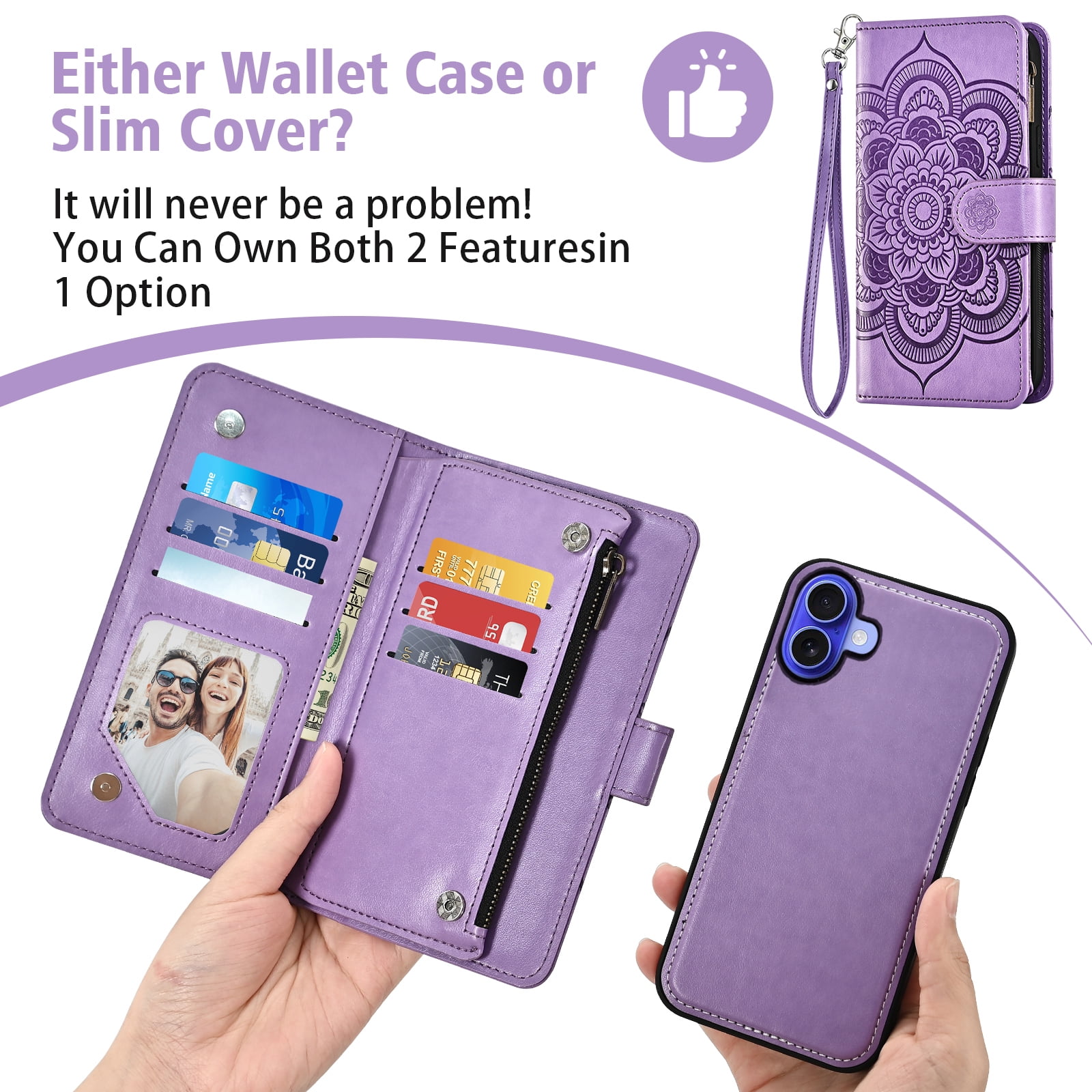 Asuwish Phone Case for iPhone 16 6.1 inch Zipper Wallet Magnetic Detachable Cell Cover with Tempered Glass Screen Protector Crossbody Strap Flower Card Holder Slot i Phone16 i16 16Case Women Purple