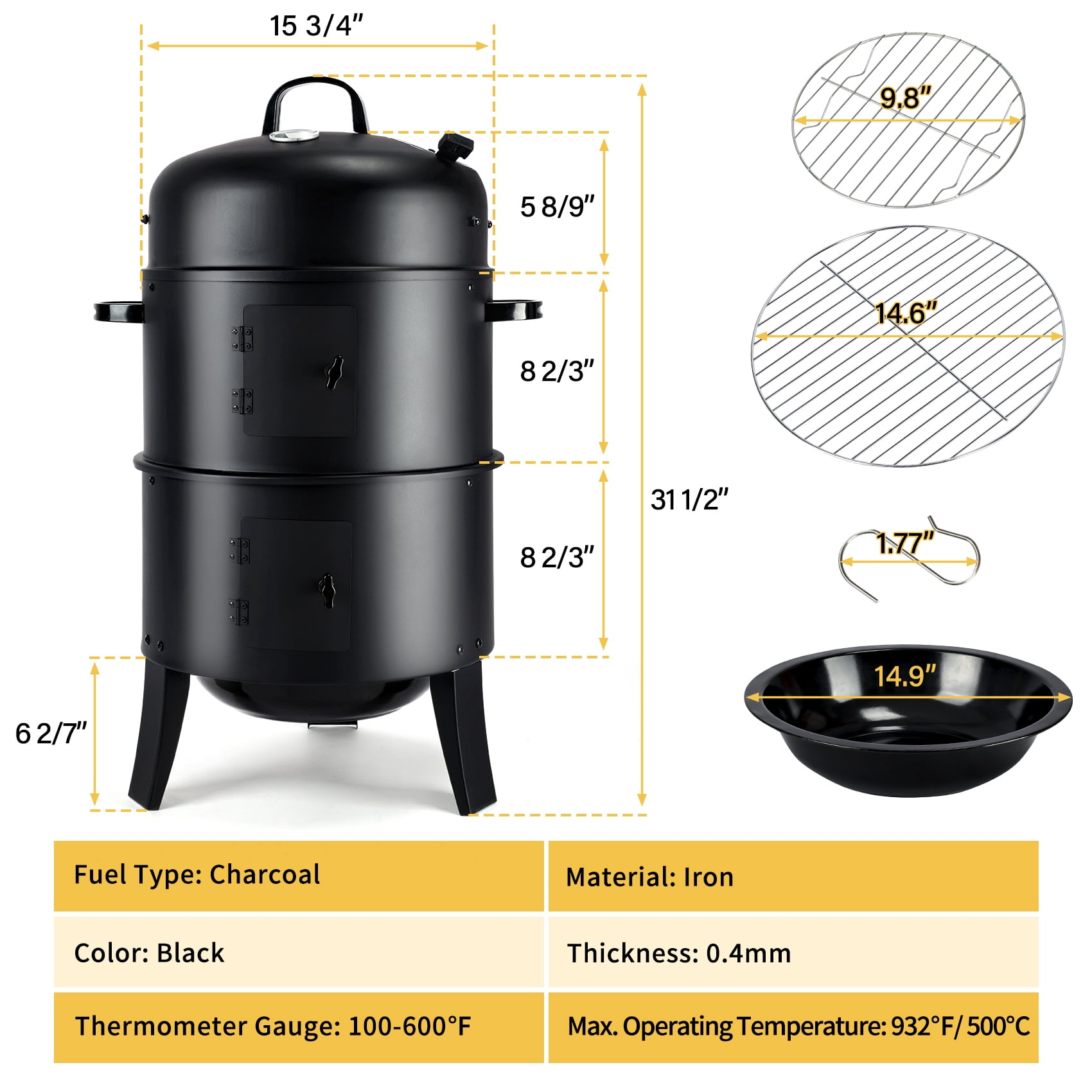 TCFUNDY Portable Charcoal Smoker Grills, 3-in-1 Outdoor BBQ Grill Smoker Cooking, Two-Layer Barbecue Grill Steel Meat Smoker