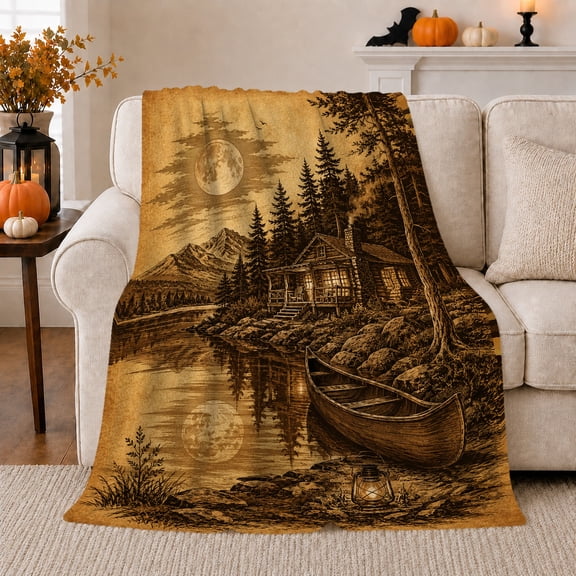Rustic Log Cabin Lake Mountain Moonlight Scene Wilderness, Peaceful Mountain Lake Scene, Warm Flannel Blanket for Cabin and Lodge, Outdoor Lovers Camping Gift, Rustic Home Decor