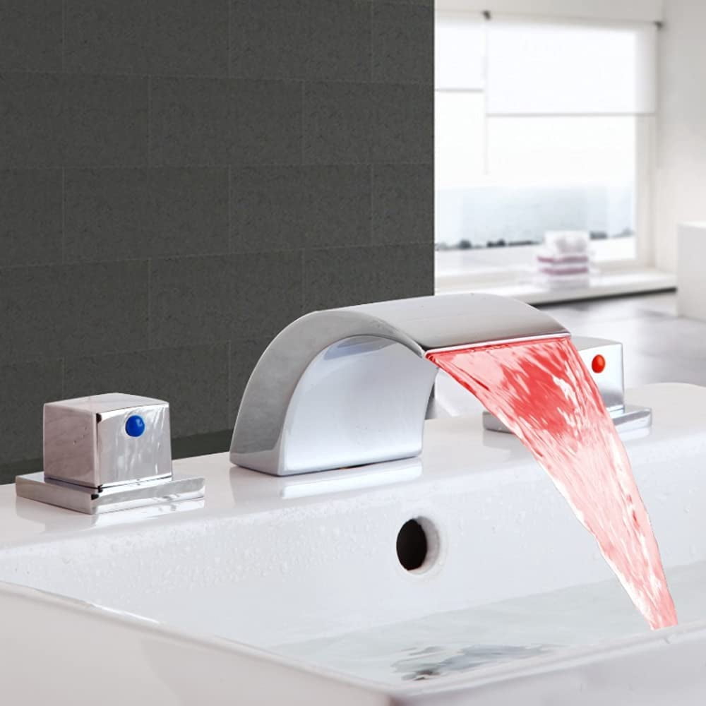 Miumaeov Led Waterfall Faucet, 3 Colored Changing Bathroom LED Light Sink Faucet, LED Light Faucet with Dual Handles & 3 Holes, Premium Brass Body Bathroom Sink Faucet