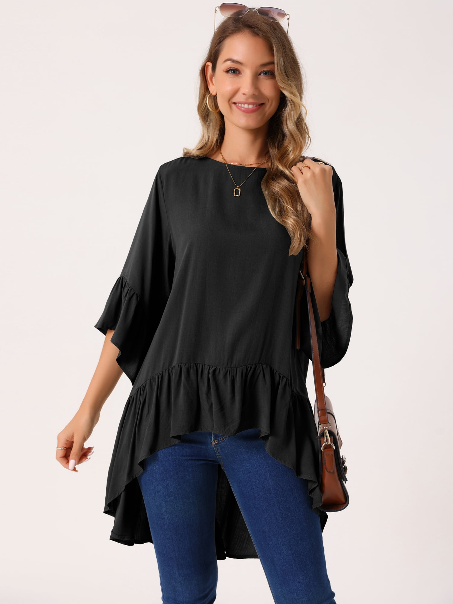 DARING DIVA Women's High Low 3/4 Bell Sleeve Ruffle Hem Blouse S Blacks