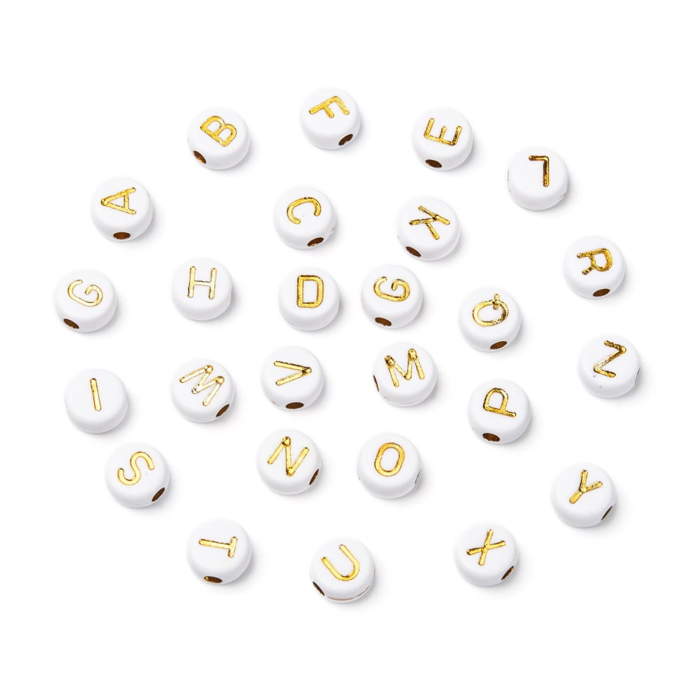 Plating Acrylic Beads for Name Bracelets Jewelry Making Metal Enlaced Horizontal Hole Mixed Letters Flat Round Golden Plated 7x4mm