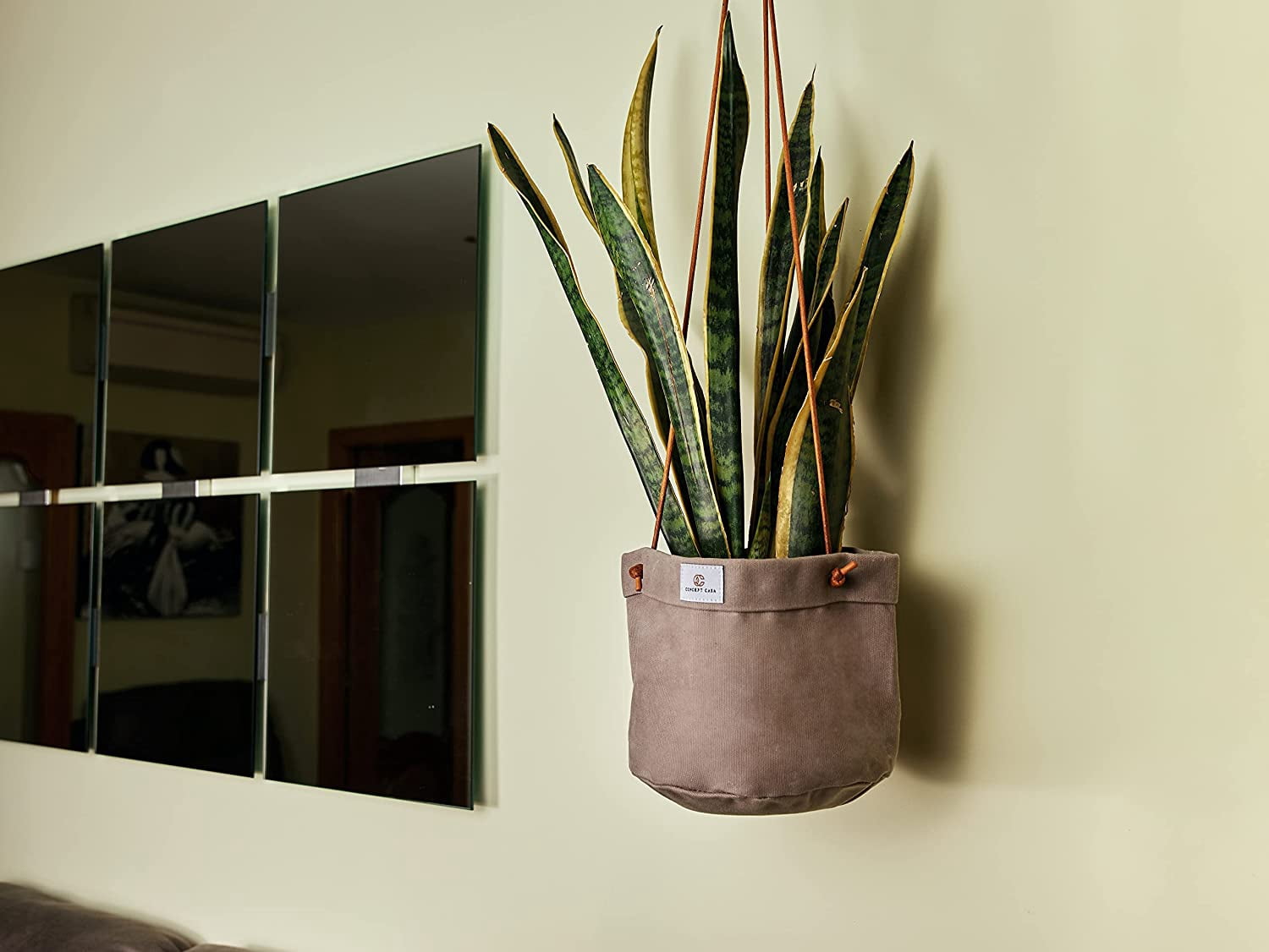 Concept Casa Large 8" Solid Print Hanging Planter with Handmade Waxed Canvas (Stone Grey)