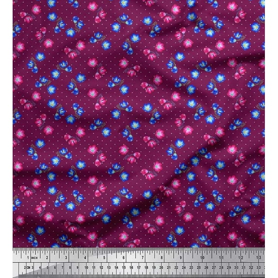 Soimoi Satin Silk Fabric Dot,Blue & Pink Flower Floral Print Fabric by the Yard 42 Inch Wide