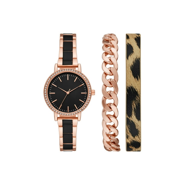 Time and Tru Women's Rose Gold Tone Watch and 2Piece Bracelet Set