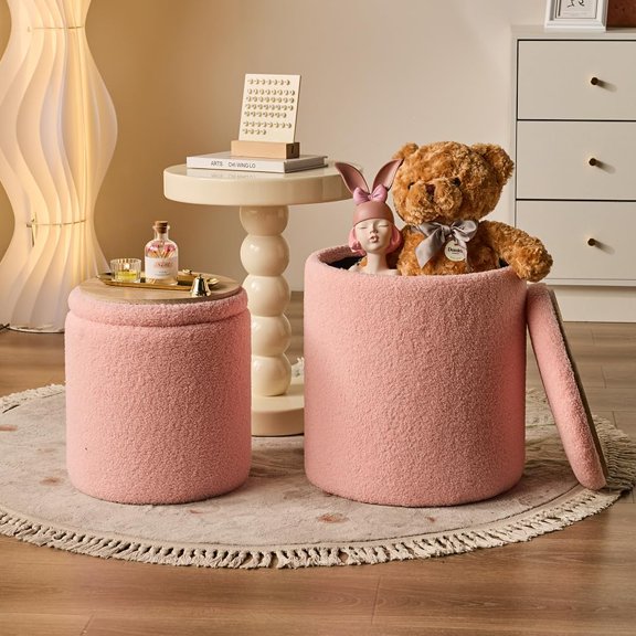 Round Storage Ottoman Set of 2 Sherpa Storage Ottoman Chair Makeup Vanity Stool Chair Multifunctional for Living Room, Bedroom, Dining Room (Pink)