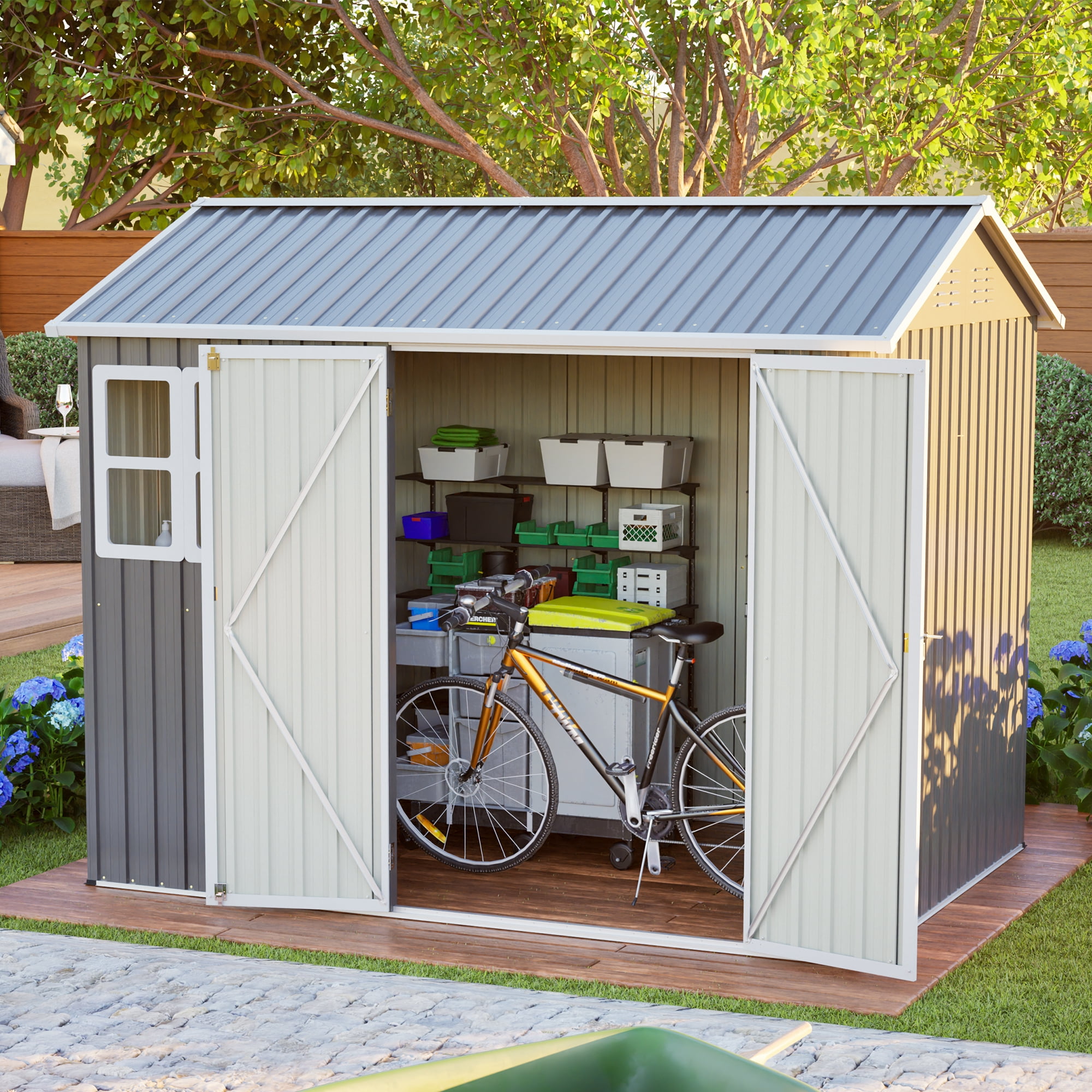 8'x6' Outdoor Storage Shed with Window, Large Metal Garden Shed for Backyard, Lockable Double Doors & Sloped Roof, Heavy Duty Galvanized Steel Tool Shed for Lawn Mower, Bike, Patio - Dark Gray