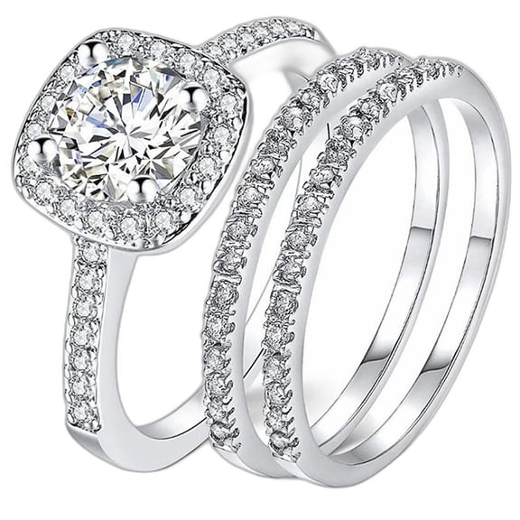 LINXIQIN Womens 14K White Gold Plated Ring with Cubic Zirconia Size 7 3 Piece Set