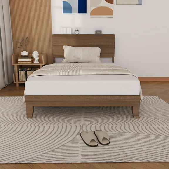Ktaxon Twin Size Platform Bed Frame with Square Headboard, Pine Wood Bed Frame, No Box Spring Needed, Rustic Walnut