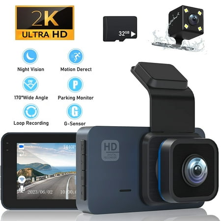 2K Dash Cam, 3 Inches Dual Dash Camera for Cars, WDR Dashcam Front and Rear Night Vision, 170° Wide Angle, Loop Recording, G-Sensor, Parking Monitor,Free 32GB Card