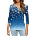 thumbnail image 5 of WTOBBY Women's Christmas Snowflake Tree Print V-Neck Decorative Button 3/4 Sleeve T-Shirt, Ladies Holiday Fashion Top for Seasonal Wear, Comfortable Casual Blouse,Blue L, 5 of 5