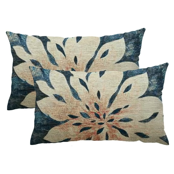 Qinduosi Dahlia Pillow Covers 12x20 Inch Set of 2 Summer Rust Geometric Flower Outdoor Decorative Throw Farmhouse Navy Blue Pillow Case Lumbar Cushion Cover for Home Sofa Bedroom Living Room 12x20inch