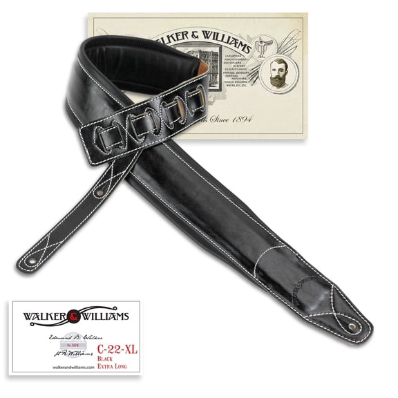 Walker & Williams C-22-XL Extra Long Double Padded Black Leather Guitar Strap up to 64"