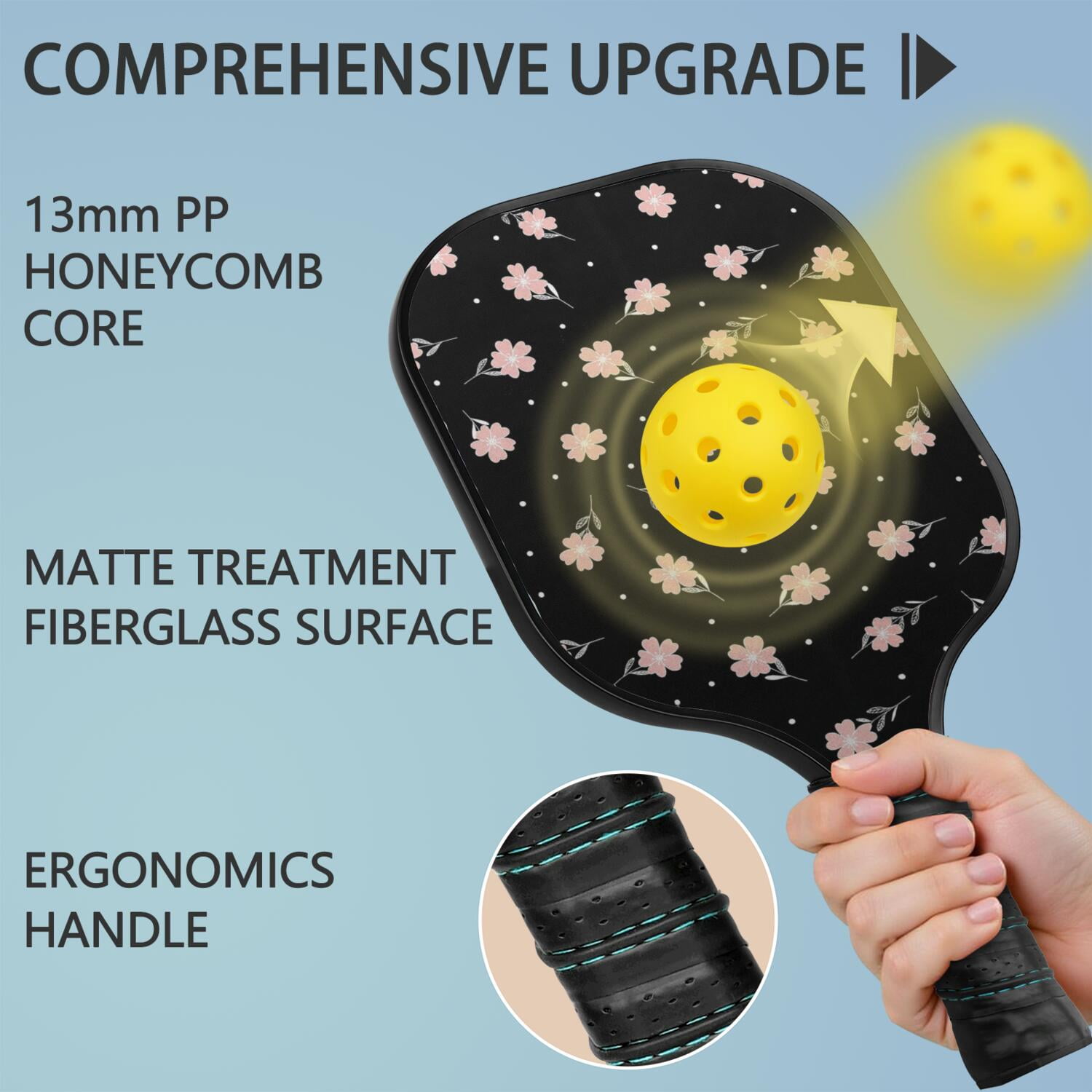 Pickleball Paddles Set,Pioneer Flower Floral Print Pattern Fiberglass Surface Pickleball Racket Set with 2 Indoor Outdoor Pickleball Balls and Pickleball Bag,Pickle-ball Equipment