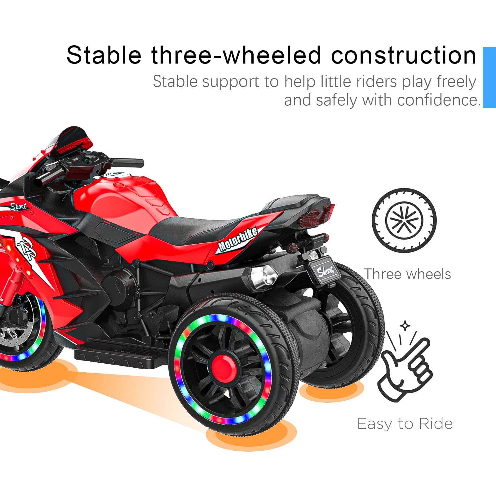 Techvida 12V Kids Ride on Motorcycle, Electric Trike Motorcycle for Boys Girls, LED Lights, Foot Pedal, Kids On Motorcycle for Boys Girls (Red)