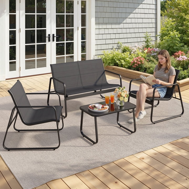 4-Piece steel Patio Furniture Set, Outdoor Leisure Table & Chair Combination with Tempered Glass Coffee Table, Ideal for Porch, Garden & Lawn Black