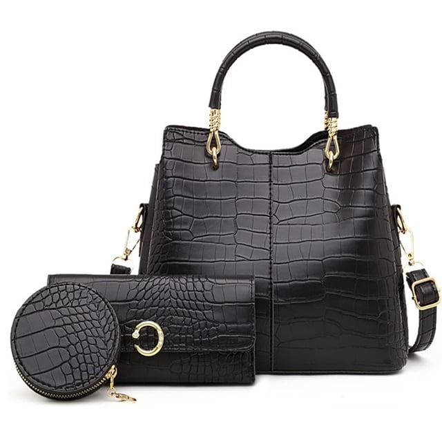 Conjunto de bolso de mujer, bolso de hombro tipo shopper, bolso de cocodrilo, bolso de hombro de mujer de tamaño mediano, bolso de oficina de cuero PU, bolso de 3 piezas con billetera