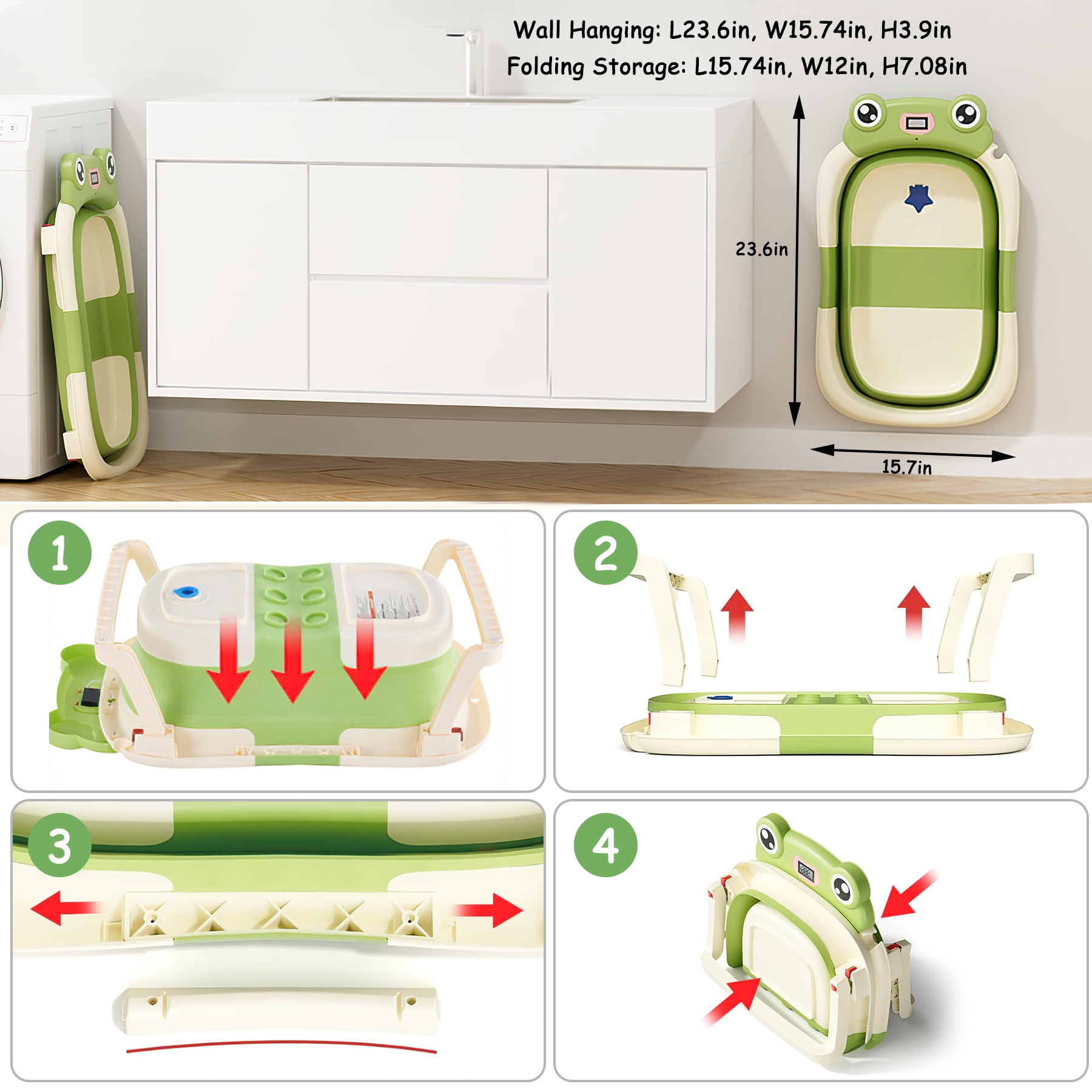 Baby Bathtub, Collapsible Newborn Bathtub for Infant to Toddler 0-12 Months with Soft Cushion+Baby Tub Sling and Thermometer, Portable Travel Bathtub, Foldable Infant Bathtub with No-Slip Feet, Green