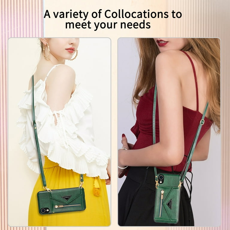 Apple iPhone XR Crossbody Bag Case Dteck Zipper Pocket Credit Card Holder Wallet Case Phone Cover with Shoulder Strap for iPhone XR Green