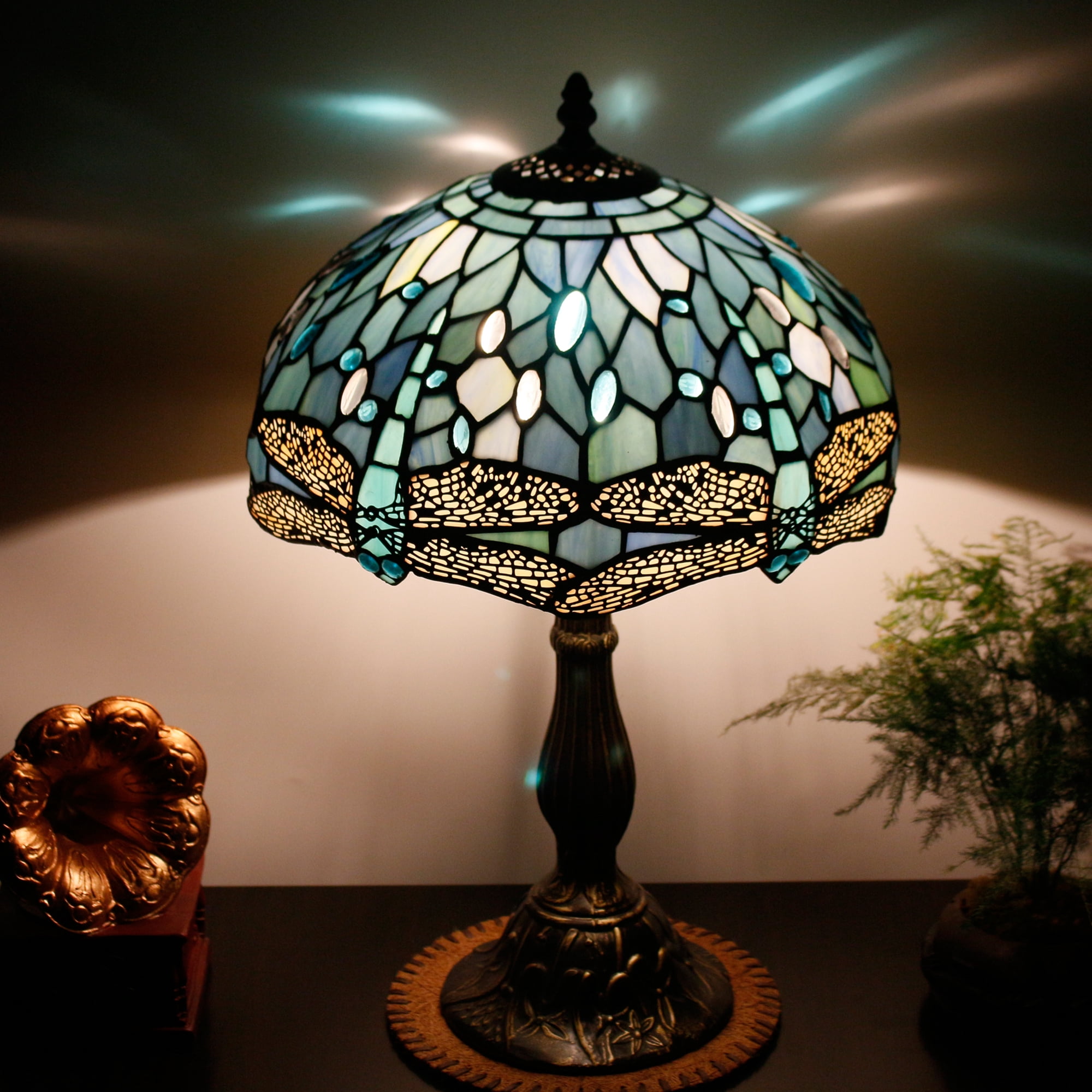 Tiffany Lamp Table Lamp Sea Blue Stained Glass Dragonfly Style Luxurious Boho Banker Memory Lamp Sympathy Nightstand Reading Desk Light 18" Tall Bedside Bedroom Living Room Farmhouse Hotel