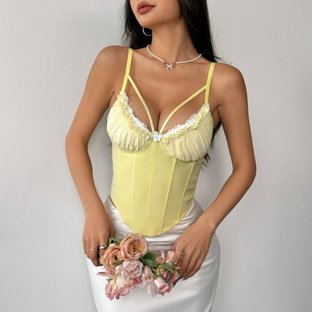 HaoXianJian Women s Sexy Lace Trimes Top V Neck Tank Tops Slim Fits Corset Top Backless Strape Tank Tops Camisole Tops for Women