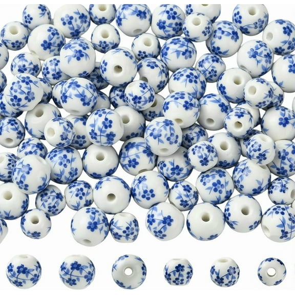 1 Box 100PCS 8MM 10MM Blue White Flower Printed Porcelain Beads with Holes Chinese Ceramic Flowers Vintage Round Spacer Charms Loose Bead Bulk