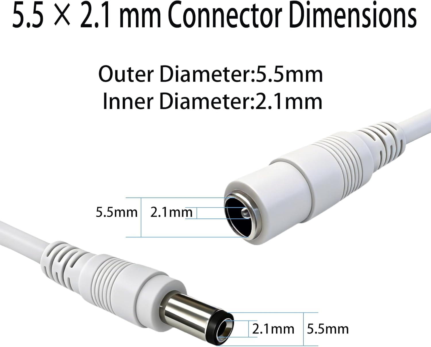 JJEAN-9.8FT 12V DC Extension Cable 5.5x2.1mm Male to Female DC Connector (White) for Monitoring LED Strip Lights Cameras Routers 2 PCS