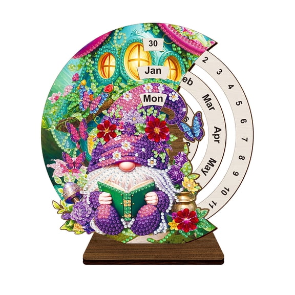 FLOPESN Perpetual Calendar DIY Diamond Art Painting Wooden Manual Rotating Calendar,Animals Design Desk Round Ornament for Home Decor-Goblin-A