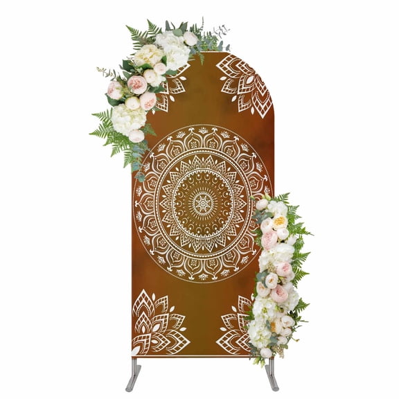 Orange Boho Arch Backdrop Cover 4FT, Country Vintage Ethnic Abstract Geometric Spandex Fitted Stretchy Arch Stand Covers, Round Top Chiara Backdrop Cover for Wedding Party Birthday Baby Shower