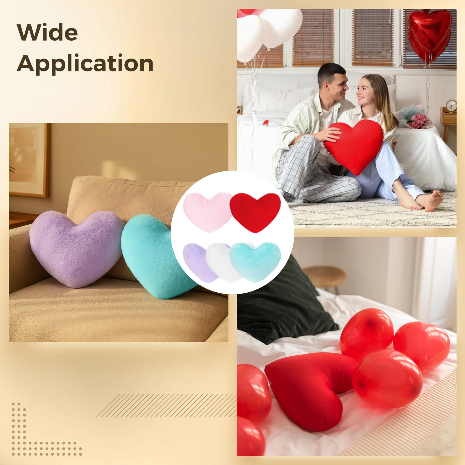 5 Pcs Faux Rabbit Fur Pillows, Heart Shaped Throw Pillows, Soft Decorative Cushions, Cute Pillows for Couch, Bed, and Office, Multi-Color Set