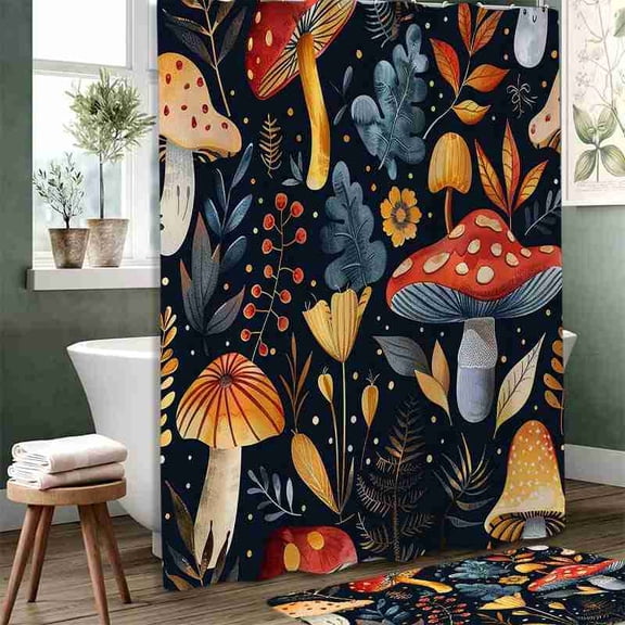 70x70 inch Colorful Woodland Mushroom and Leaves Shower Curtain, Waterproof Polyester Fabric with Hooks for Bathroom Decor