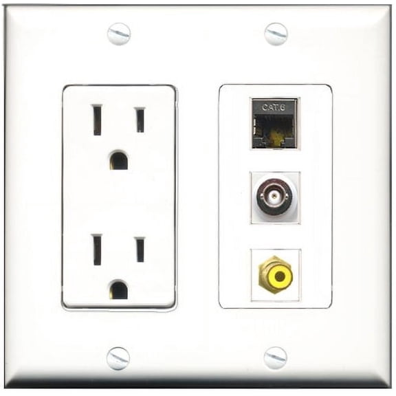RiteAV - 15 Amp Power Outlet 1 Port RCA Yellow 1 Port Shielded Cat6 Ethernet Ethernet 1 Port BNC Decorative Wall Plate
