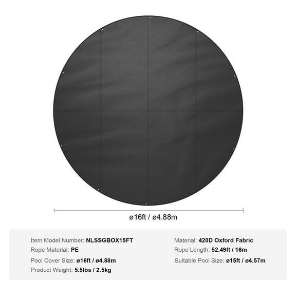 Black 15 Ft Round Solar Pool Cover for Above Ground Pools, Heavy-Duty 420D Oxford Fabric, Drawstring Design, Waterproof Dustproof Summer Pool Cover