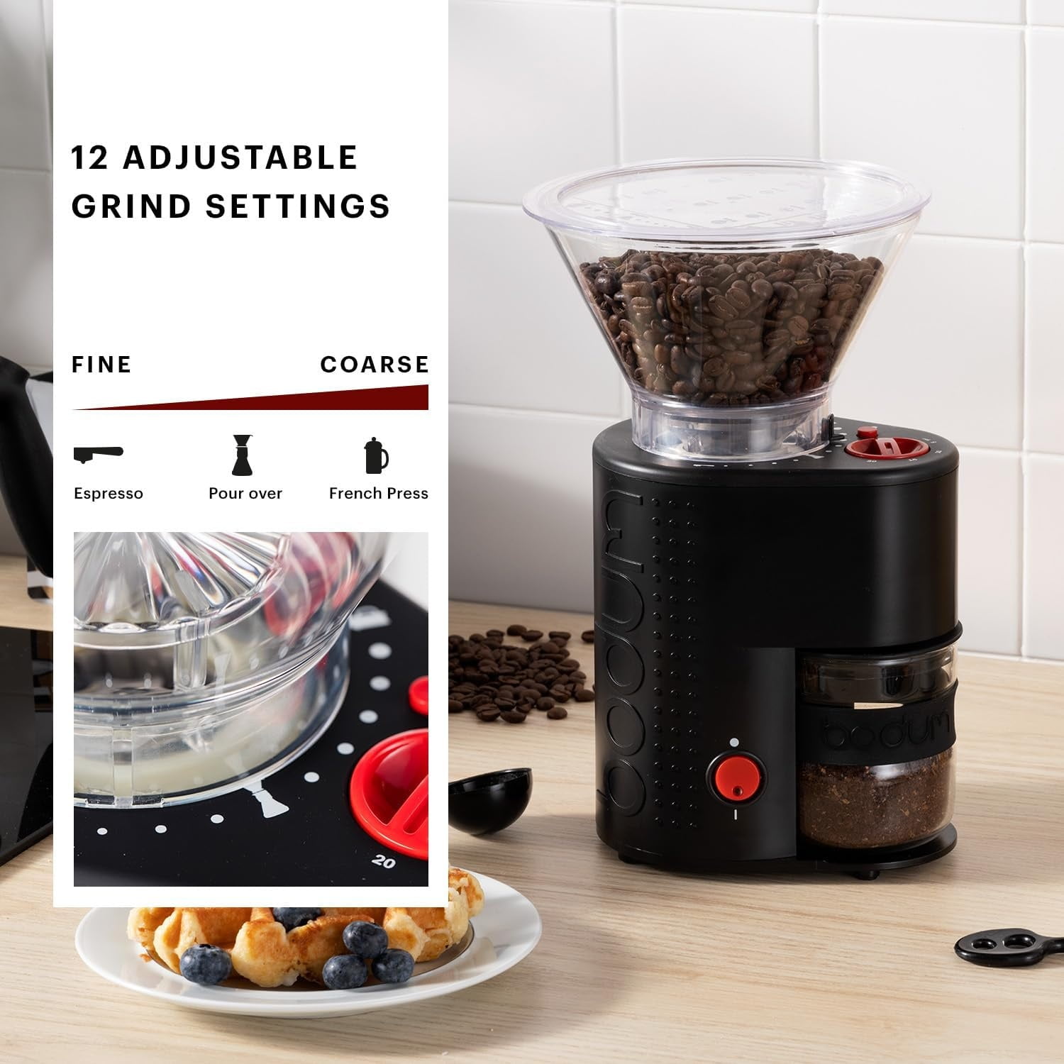 Electric Conical Burr Coffee Grinder, Preset Timer, 12 Grind Settings, Black