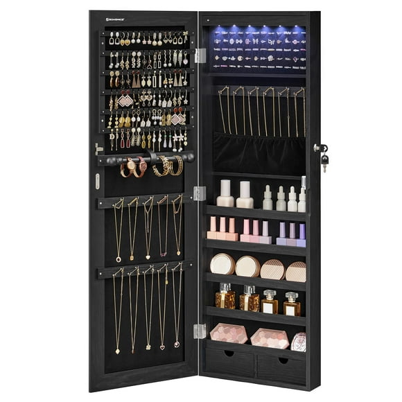 SONGMICS 6 LEDs Mirror Jewelry Cabinet, 47.2-Inch Tall Lockable Wall or Door Mounted Jewelry Armoire Organizer, White