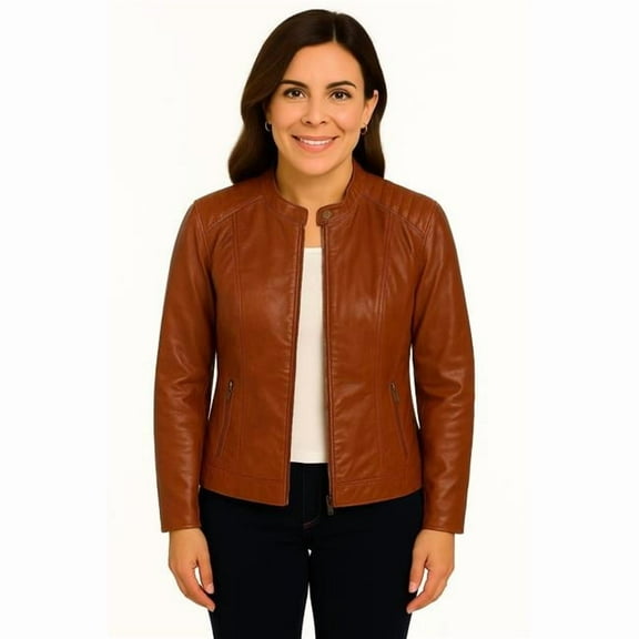 Scully L1168-10-M Womens Cafe Racer Leather Jacket, Cognac Soft Lamb - Medium
